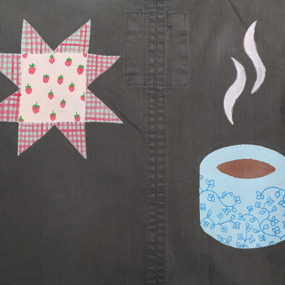 Hand Painted Olive Utility Jacket Rose Goose Patchwork Quilt Star L • XL • 2XL - Picture 6 of 13